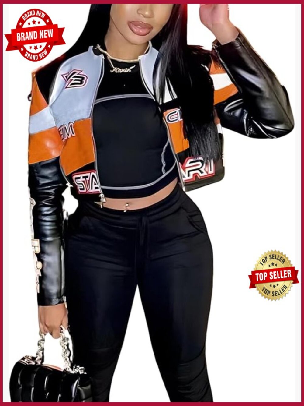 Faux Leather Moto Biker Jacket Cropped Zip Up Vintage